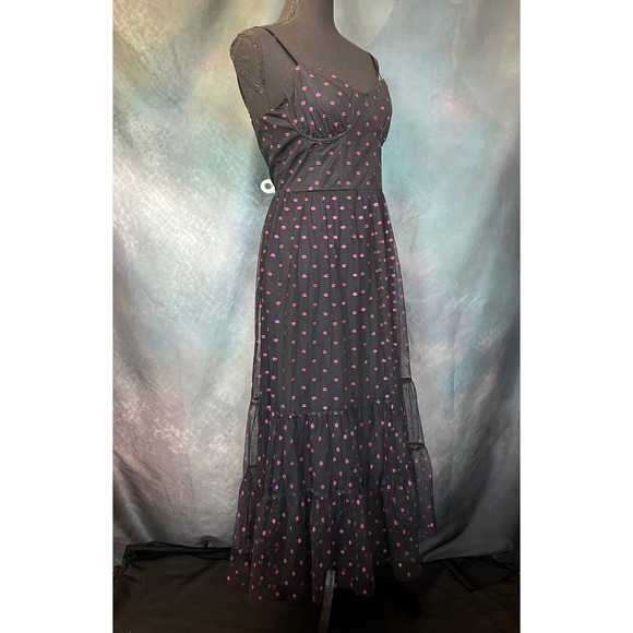 Betsey Johnson Lip Print Tulle Maxi Dress Black Pink Strappy Fit Flare Size 10 - Picture 3 of 7